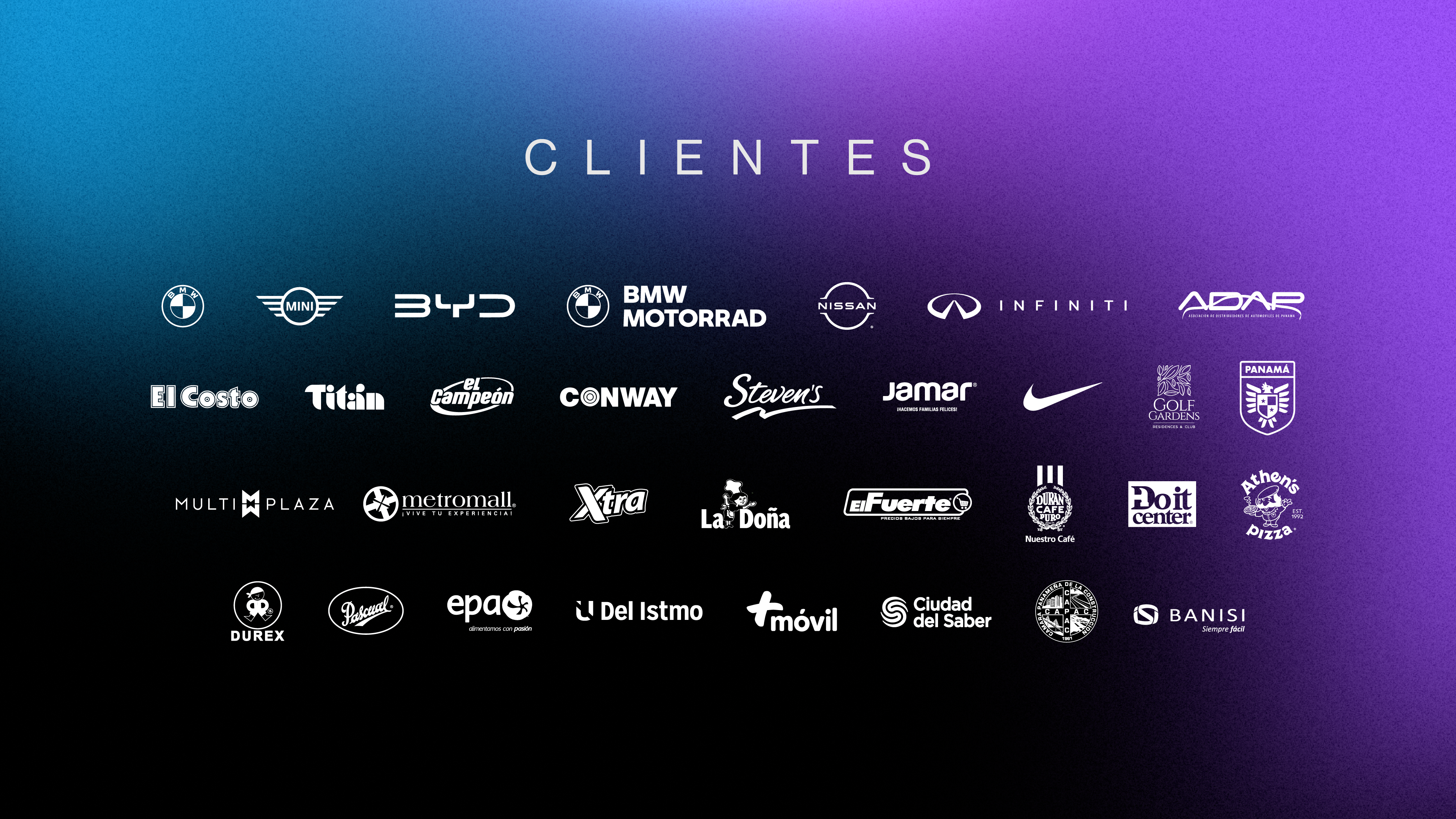Logotipos de clientes: BMW, MINI, Nike, Nissan, Banisi y más